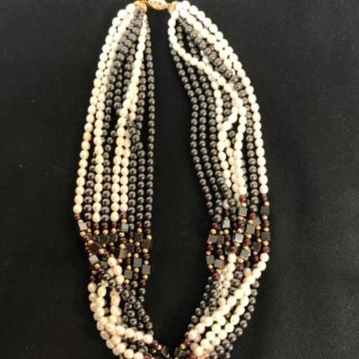 Vintage Multi Strand Necklace Water Pearls Black Beads