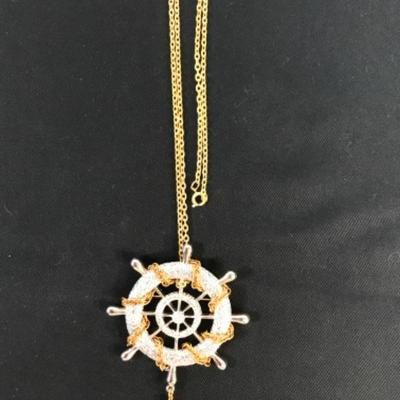 Vintage Costume Necklace Broach Pin Ship Wheel 2 in 1