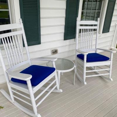 Lot #13 Pair of WOODEN White Porch Rockers with table 