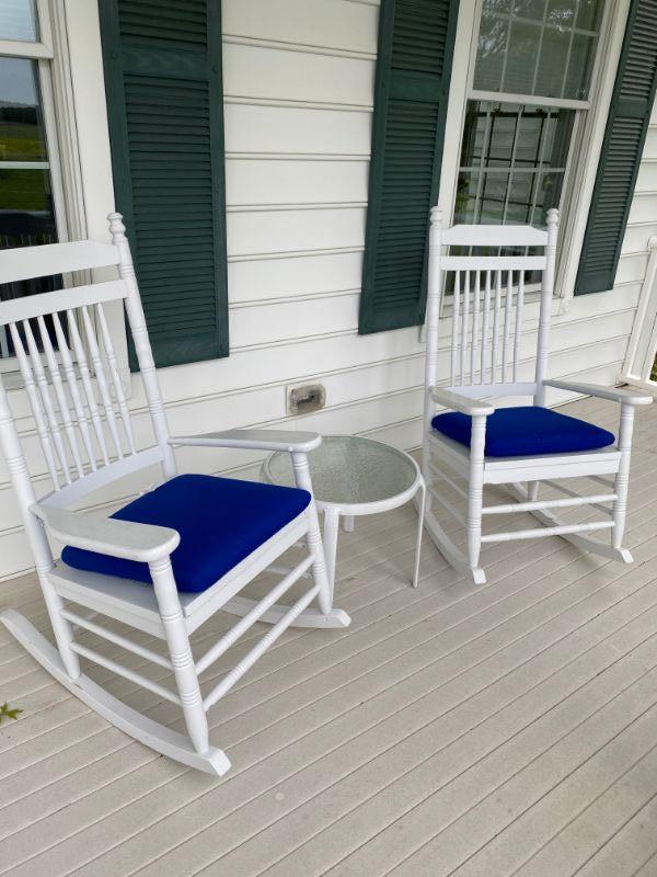 Lot 13 Pair of WOODEN White Porch Rockers with table
