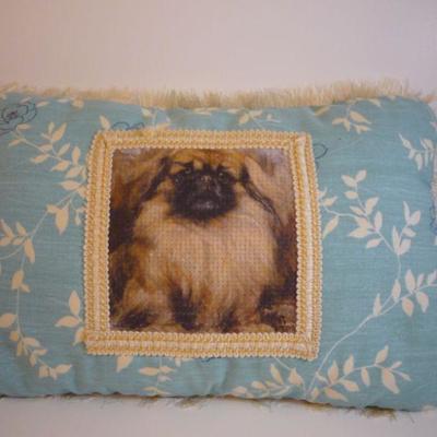 Custom Decorative Pillow - Dog Image - Blue and White with Fringe
