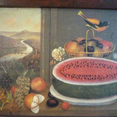 Framed Folk Art Print on Canvas - Fruit and Gold Finch by Wagguno