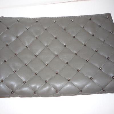 Neiman Marcus Olive Leather Clutch with Metal Bead Detailing and Quilted reverse
