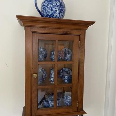 Lot #100 Pine Wall Cabinet and Calico China Set