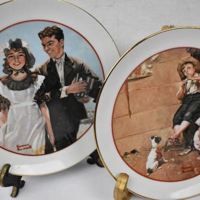 4 Vintage Norman Rockwell Plates, 1982 Young Love Series with Plate Stands