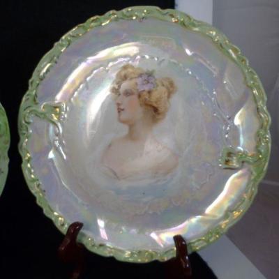 2 - Decorative Antique Plates - Unsigned - Painted Lady Green Gold Rim