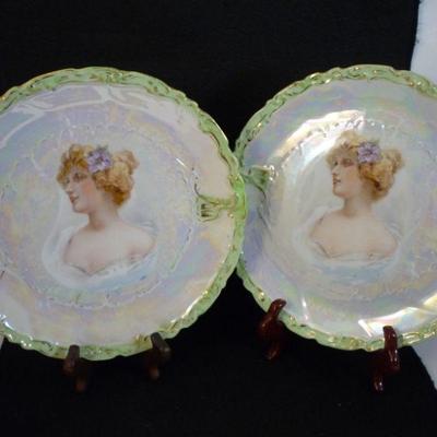2 - Decorative Antique Plates - Unsigned - Painted Lady Green Gold Rim