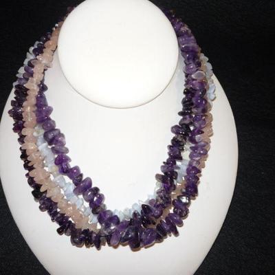 GENUINE stone necklace - Collar Length - Amethyst, Rose Quarts and Blue Lace Agate