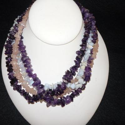 GENUINE stone necklace - Collar Length - Amethyst, Rose Quarts and Blue Lace Agate