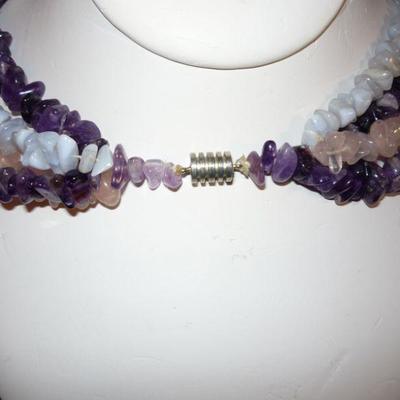 GENUINE stone necklace - Collar Length - Amethyst, Rose Quarts and Blue Lace Agate