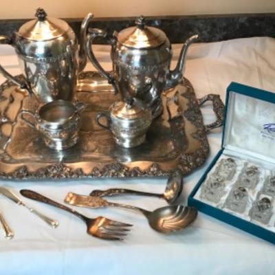 Lot #202 Silver plate Coffee Set and salts lot 