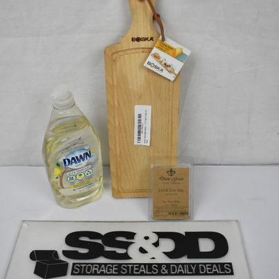 3 pc Kitchen/Home: Cheese Board, Dawn Dish Soap, Fresh Cut Hay Wax Melts - New