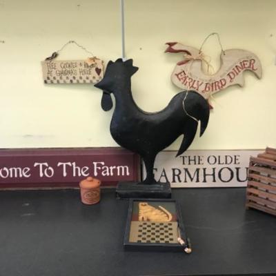 Lot #220 Wooden Sign and Metal Rooster Lot 