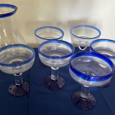 Lot # 241 Blue Glass Margarita Drink set 