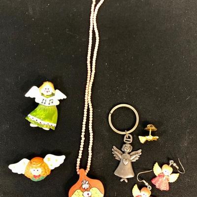 Costume Jewelry Lot, Angel pins, necklace, earrings, keychain