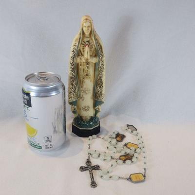 Vintage Mother Mary Statue Rosary Holder & Rosary
