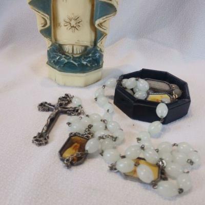 Vintage Mother Mary Statue Rosary Holder & Rosary