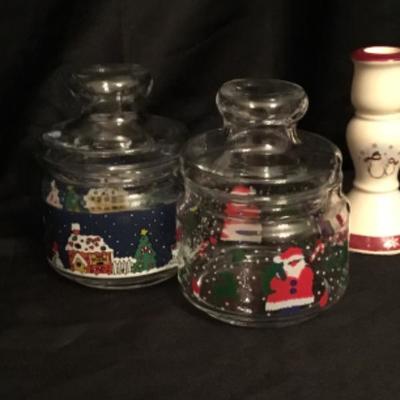 Assorted Christmas glasses, candy dishes, candle stick holders, napkin holder Lot 1647