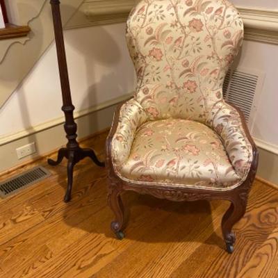 Lot # 16 Victorian Chair w/ Plant Stand and Candlestick 