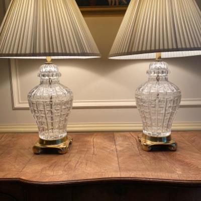 Lot # 18 Pair of Large Heavy Crystal Ginger Jar Style Lamps 