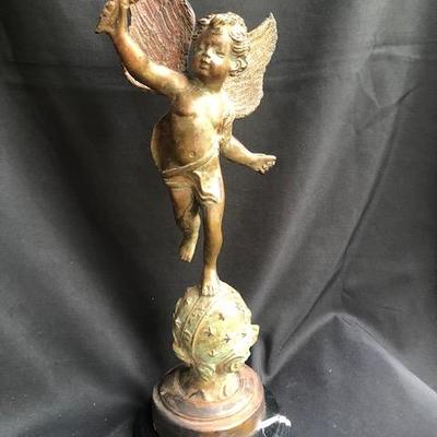 Cast Metal Cherub on Marble Base.