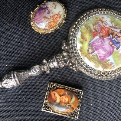 Tiny Porcelain Hand Mirror and 2 Pins