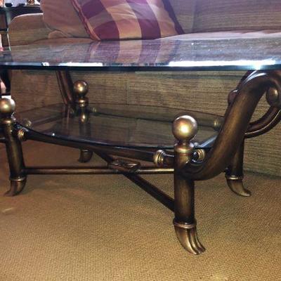 Wood Coffee Table with Glass Top & Glass Shelf