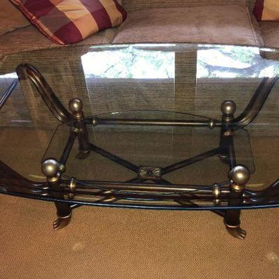 Wood Coffee Table with Glass Top & Glass Shelf