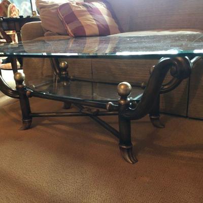 Wood Coffee Table with Glass Top & Glass Shelf