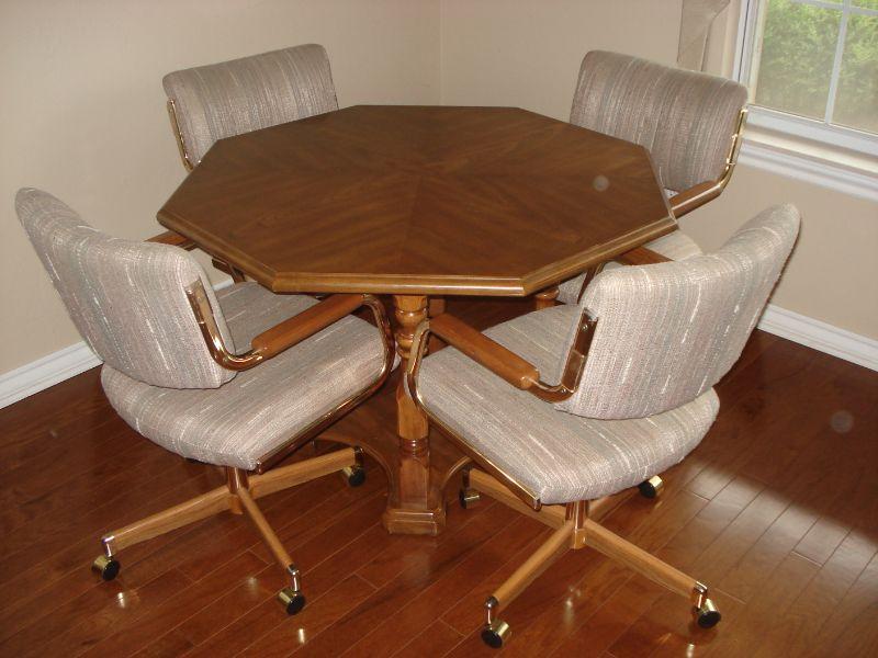Wooden Game or Kitchen octagonal table with 4 rolling chairs on castors EstateSales