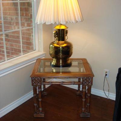 Vintage Wood Asian End side Table and Beautiful Brass Elephant Lamp