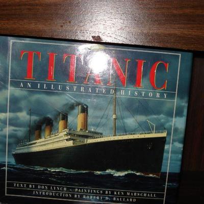 Bookcase, Mirror, wood judges gavel hammer, Titanic book