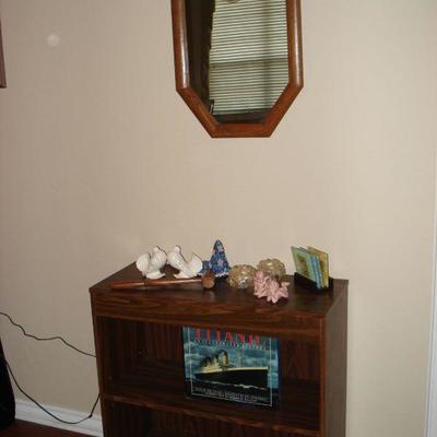 Bookcase, Mirror, wood judges gavel hammer, Titanic book