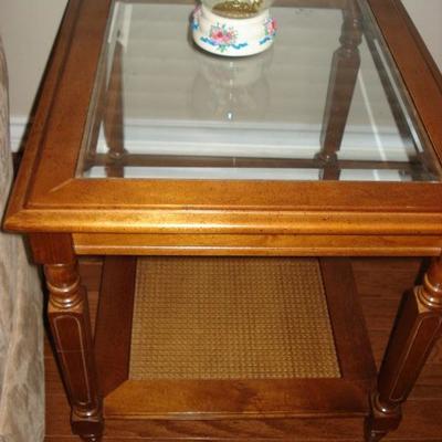 2 glass top end tables, 1 lamp and a swivel rocking chair