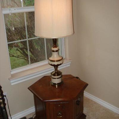 Wood bed side table with vintage metal 3 way lamp