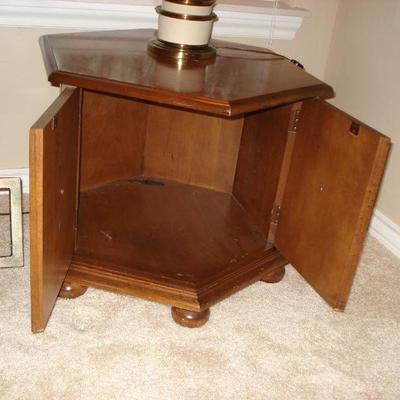Wood bed side table with vintage metal 3 way lamp