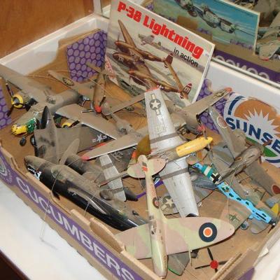 Box lot Vintage toy model airplanes and book
