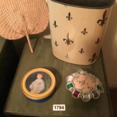 Vintage metal garbage can and assorted items 