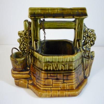 Vintage McCoy Pottery 6.5â€Tall Wishing Well Planter w/ Bucket Chain c. 1950