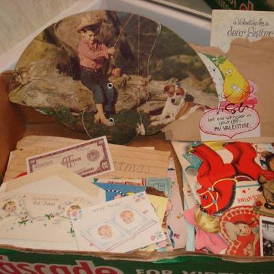 Vintage paper valentines, fan from Baptist orphans home OKC, etc.