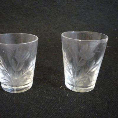 2 - Shot Glasses  Vintage - Flowers Etched in Glass