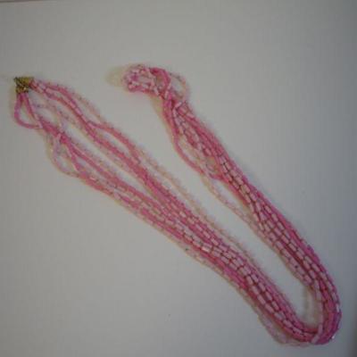 Vintage late 1960s- Pink Plastic Multi-strand Bead Necklace - Marked Hong Kong