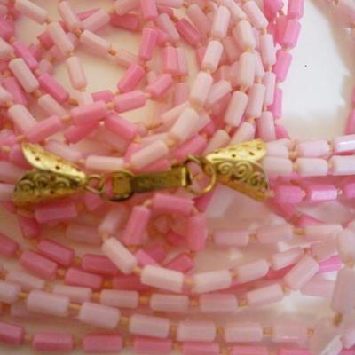 Vintage late 1960s- Pink Plastic Multi-strand Bead Necklace - Marked Hong Kong