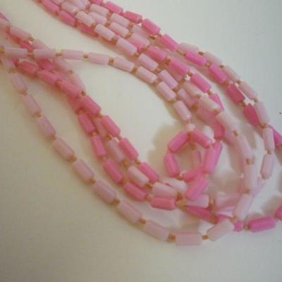 Vintage late 1960s- Pink Plastic Multi-strand Bead Necklace - Marked Hong Kong