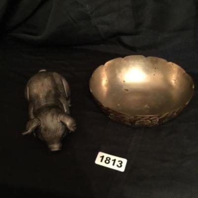 Metal bowl and ceramic pig lot 1813