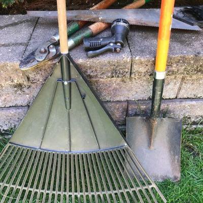 Large Rake, Spade, Heavy Duty Loppers, Saw, and Sprayer