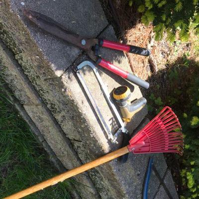 Clippers, Saw, Small Rake, and Sprayer