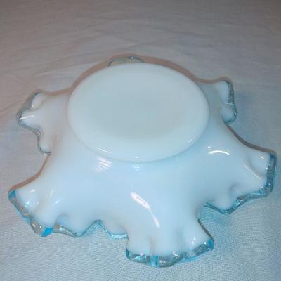 Fenton Silver Crest Style White Milk Glass Blue Ruffled Crimped Rim