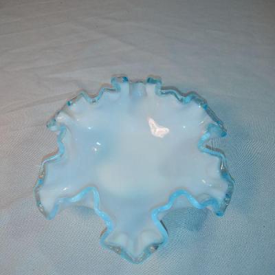 Fenton Silver Crest Style White Milk Glass Blue Ruffled Crimped Rim