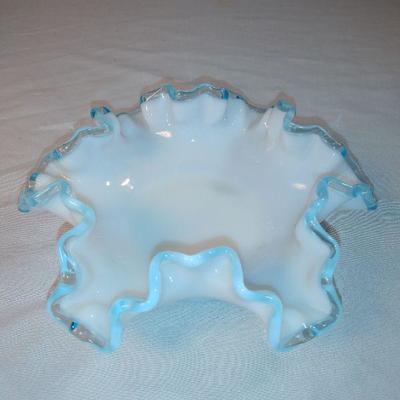 Fenton Silver Crest Style White Milk Glass Blue Ruffled Crimped Rim